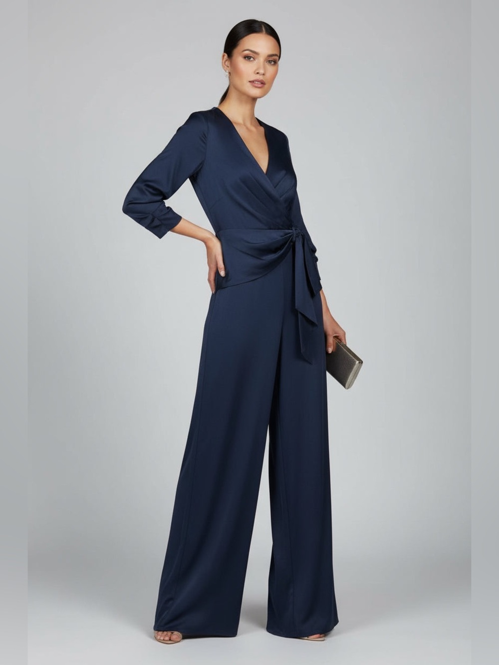 Adrianna Papell Navy Wrap-Front Wide-Leg Jumpsuit